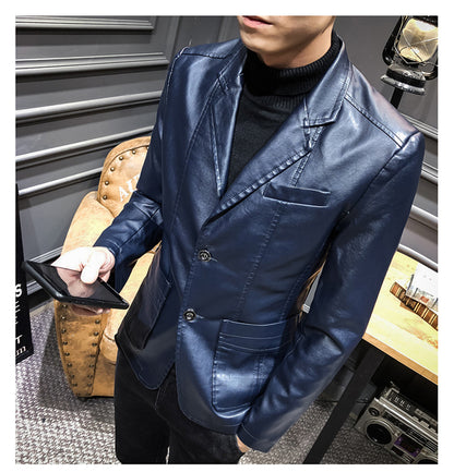 Plus Size Men's Lapel Solid Color Button Leather Suit, Loose Oversize Motorcycle Jacket Coat