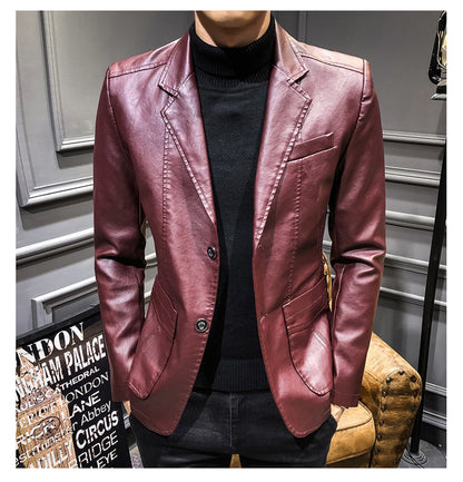 Plus Size Men's Lapel Solid Color Button Leather Suit, Loose Oversize Motorcycle Jacket Coat