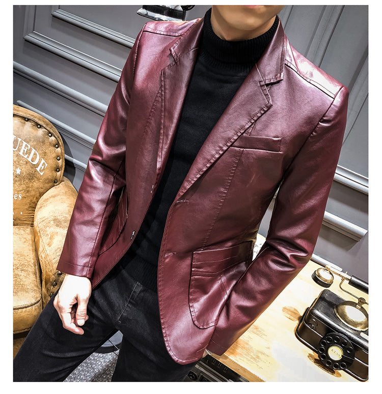 Plus Size Men's Lapel Solid Color Button Leather Suit, Loose Oversize Motorcycle Jacket Coat
