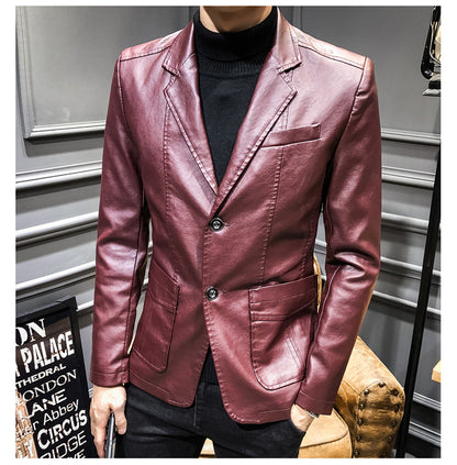 Plus Size Men's Lapel Solid Color Button Leather Suit, Loose Oversize Motorcycle Jacket Coat