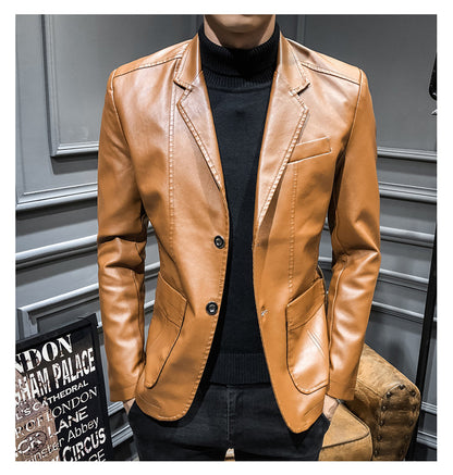 Plus Size Men's Lapel Solid Color Button Leather Suit, Loose Oversize Motorcycle Jacket Coat