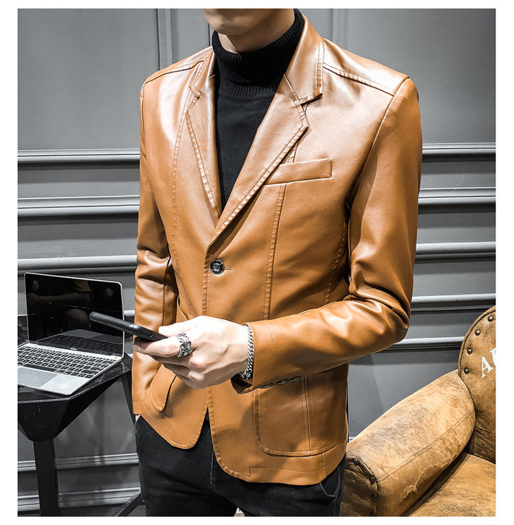 Plus Size Men's Lapel Solid Color Button Leather Suit, Loose Oversize Motorcycle Jacket Coat