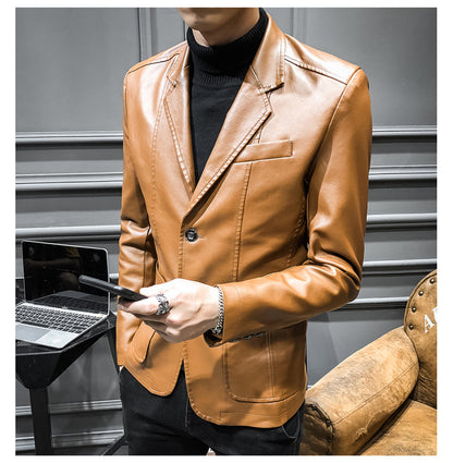 Plus Size Men's Lapel Solid Color Button Leather Suit, Loose Oversize Motorcycle Jacket Coat