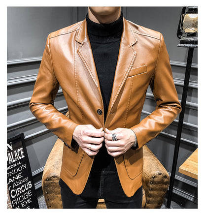 Plus Size Men's Lapel Solid Color Button Leather Suit, Loose Oversize Motorcycle Jacket Coat
