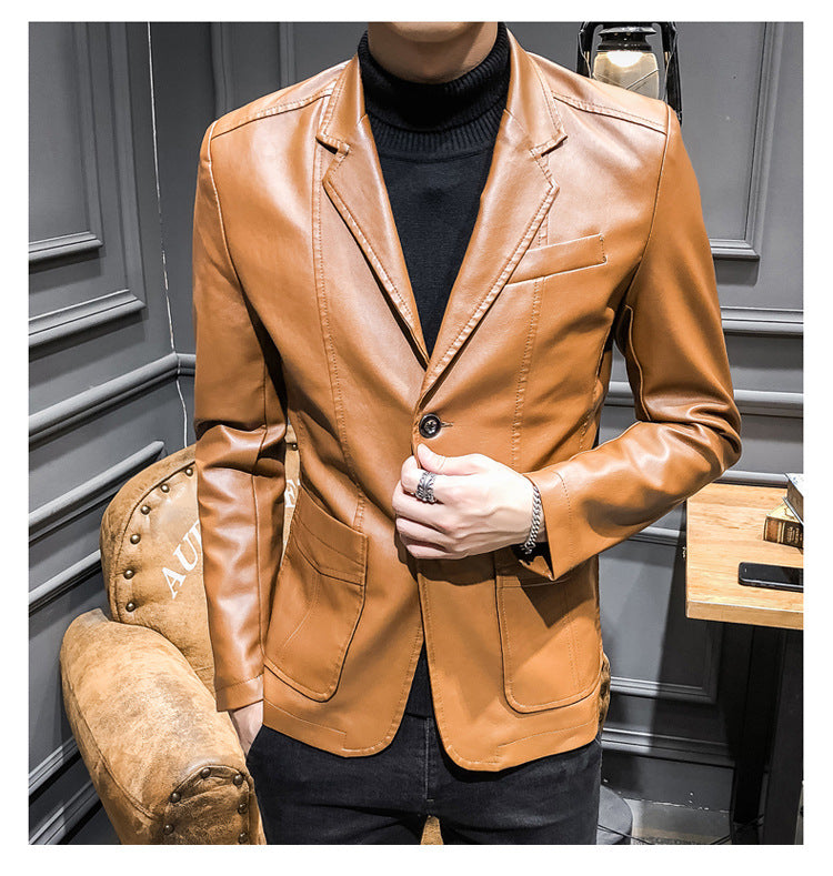 Plus Size Men's Lapel Solid Color Button Leather Suit, Loose Oversize Motorcycle Jacket Coat