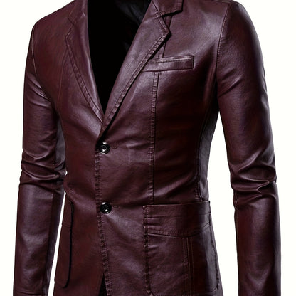 Plus Size Men's Lapel Solid Color Button Leather Suit, Loose Oversize Motorcycle Jacket Coat
