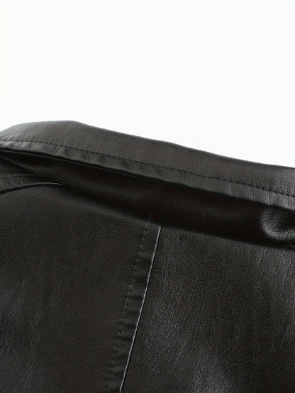 Plus Size Men's Lapel Solid Color Button Leather Suit, Loose Oversize Motorcycle Jacket Coat