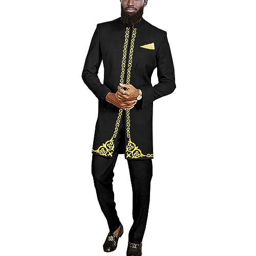 Men`s Suit African Clothes Embroidery Blazer and Pants 2 Piece Set Formal Outfits Dashiki Attire Black Medium