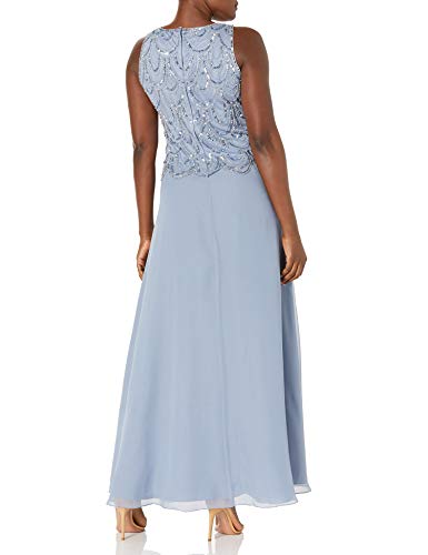 J Kara Women's Plus Size Sleeveless Beaded Pop Over Long Dress with Scarf, Dusty Blue/Blue/Silver, 16W