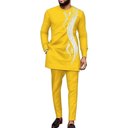 Dashiki for Men African Clothing 2 Piece Sets African Suits Long Sleeve Shirt and Troursers Fashion Sequins African Attire Medium