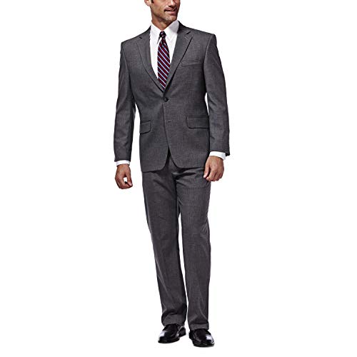 Haggar Men's J.m Premium Performance Stretch Stria 2-Button Suit Separate Coat, Dark Heather Grey, 46R with Plain Front Suit Separate Pant, Dark Heather Grey, 38Wx29L