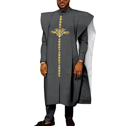African Clothes for Men Embroidery Agbada Robe Shirts and Pants Set Dashiki Outfits Traditional Attire Gray XX-Large