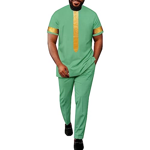 African Suits for Men Embroidery Short Sleeve Shirts and Pants 2 Piece Set Plus Size Casual Tracksuit Light Green XX-Large