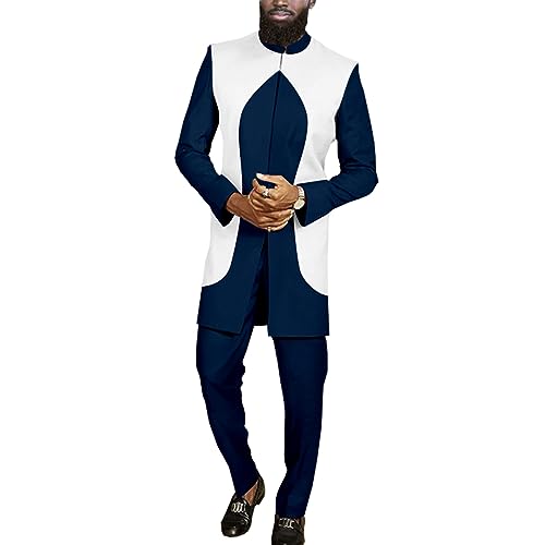 Dashiki Men African Clothes Jacket Outfit Attire Slim Fit Blazer and Pants Two Piece Set Formal Clothes Dark Blue Small