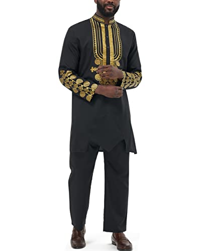 African Men Clothing Dashiki Set: 2 Piece Gold Printed Long Sleeve Shirt and Pants Outfit Traditional Wedding Suit