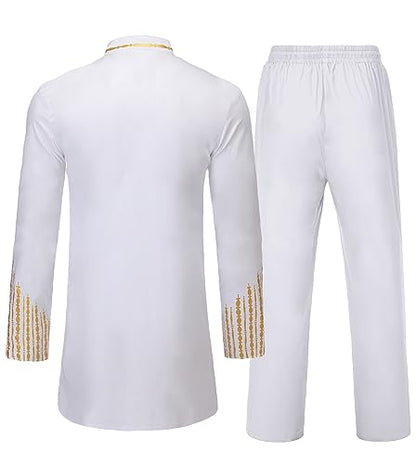 Daupanzees Men's 2 Piece Outfit Long Sleeve Button up Shirt and Pants Traditional Ethnic Suit