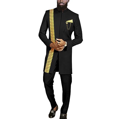 African Clothes for Men Slim Fit Embroidery Blazer and Pants Set Dashiki Outfits Jacket Chain Kerchief Black Medium