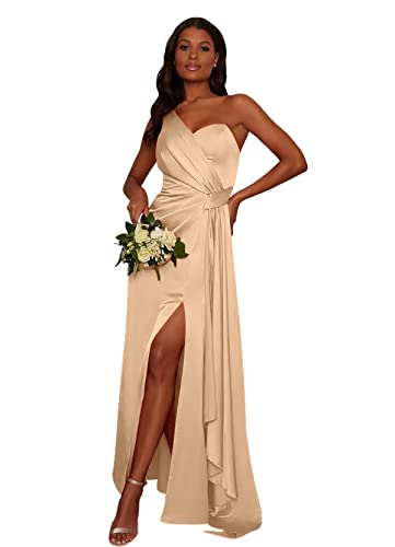 One Shoulder Bridesmaid Dresses for Women Sleeveless Satin Ruched Long Dress for Wedding Formal with Split Champagne US 2