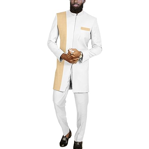 Men`s Suit African Clothes Slim Fit Blazer and Pants Set Formal Outfits Dashiki Jacket Ankara Attire White Medium