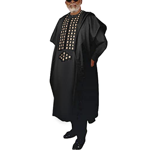 HD Traditional African Boubou Kaftan Wear for Man Nigerian Native Dress Black Agbada Set Embroidery Dashiki Outfit L