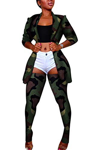 Womens Sexy Clubwear Camo Printed Blazer Coat with Long Socks Bodycon 2 Piece Sets Plus Size
