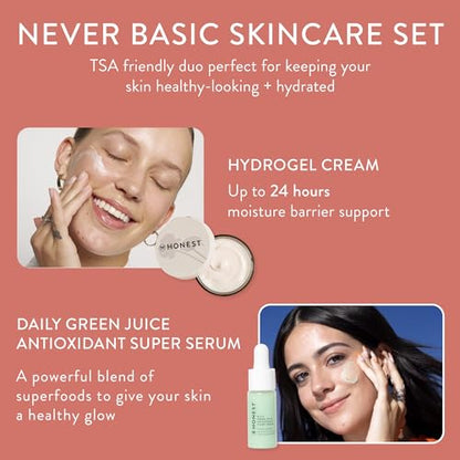 Honest Beauty Never Basic Skincare Duo | Mini Hyaluronic Acid Infused Hydrogel Cream (0.57 fl oz) + Mini Green Juice Antioxident Serum (0.4 fl oz) | EWG Verified, Vegan + Cruelty Free