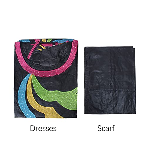 TIDOIRSA African Dresses for Women, 3/4 Sleeves Jacquard Fabric Wedding Dress with Scarf (2XL, Black)