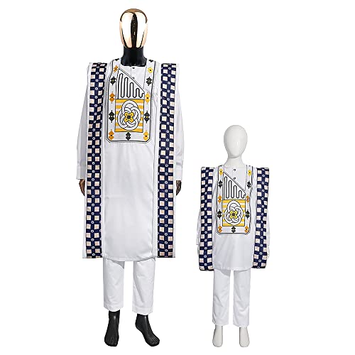 HD African Boubou Embroidery Caftan Attire for Men Nigerian Traditional Formal Dress Agbada Clothes Set White Dashiki 3 Pieces Outfit XL