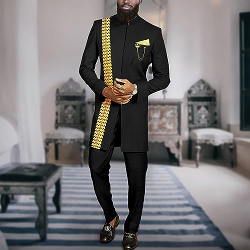 African Clothes for Men Slim Fit Embroidery Blazer and Pants Set Dashiki Outfits Jacket Chain Kerchief Black Medium