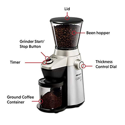 Ariete Conical Burr Electric Coffee Grinder - Professional Heavy Duty Stainless Steel | Ultra Fine Grind with Adjustable Cup Size | 15 Fine - Coarse Grind Size Settings