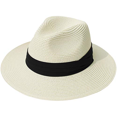Lanzom Women Wide Brim Straw Panama Roll up Hat Fedora Beach Sun Hat UPF50+ (02-fold Belt Beige)