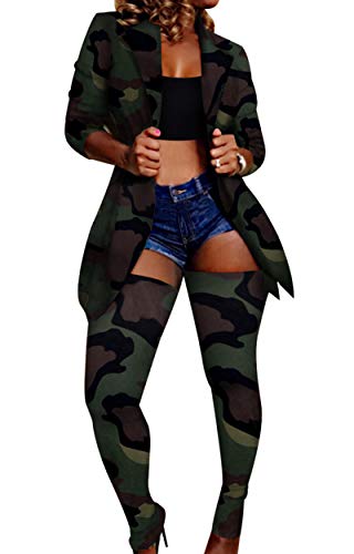 Womens Sexy Clubwear Camo Printed Blazer Coat with Long Socks Bodycon 2 Piece Sets Plus Size