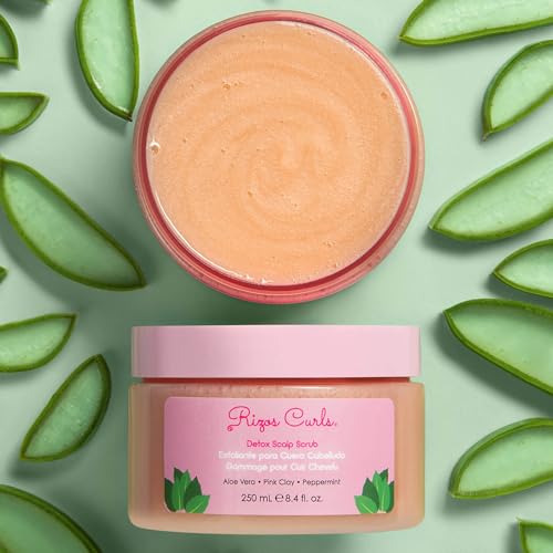 Rizos Curls Detox Scalp Scrub, Exfoliates to Remove Buildup & Excess Oil, Soothes Itchy Scalp, Detoxifying & Clarifying with Pink Clay, Aloe Vera & Peppermint Oil, 8.4 oz