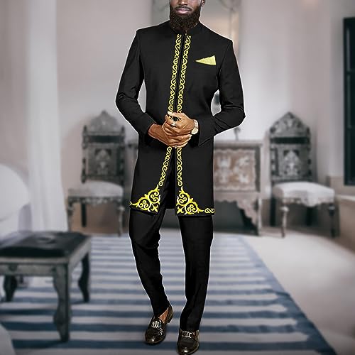 Men`s Suit African Clothes Embroidery Blazer and Pants 2 Piece Set Formal Outfits Dashiki Attire Black Medium