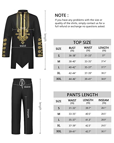 African Men Clothing Dashiki Set: 2 Piece Gold Printed Long Sleeve Shirt and Pants Outfit Traditional Wedding Suit