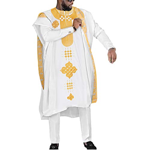 HD African Clothing Gold Embroidery Dashiki White Kaftan Pants Set for Men XL