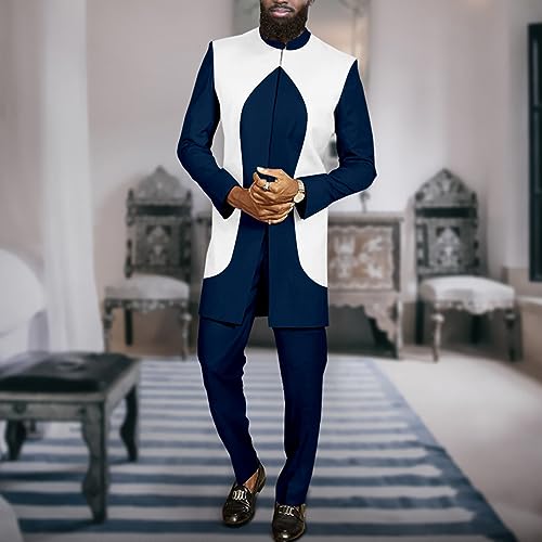 Dashiki Men African Clothes Jacket Outfit Attire Slim Fit Blazer and Pants Two Piece Set Formal Clothes Dark Blue Small