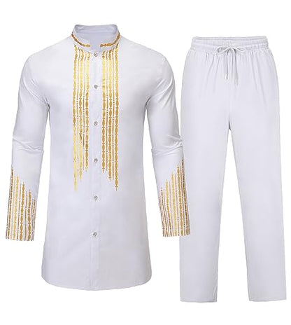 Daupanzees Men's 2 Piece Outfit Long Sleeve Button up Shirt and Pants Traditional Ethnic Suit