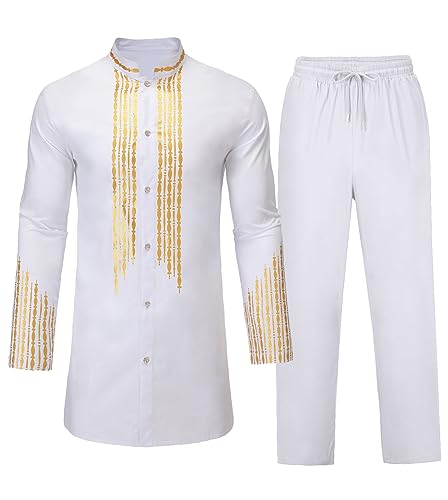 Daupanzees Men's 2 Piece Outfit Long Sleeve Button up Shirt and Pants Traditional Ethnic Suit