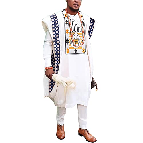 HD African Boubou Embroidery Caftan Attire for Men Nigerian Traditional Formal Dress Agbada Clothes Set White Dashiki 3 Pieces Outfit XL