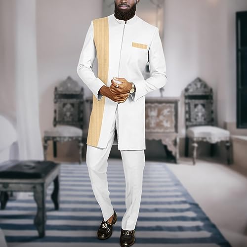 Men`s Suit African Clothes Slim Fit Blazer and Pants Set Formal Outfits Dashiki Jacket Ankara Attire White Medium