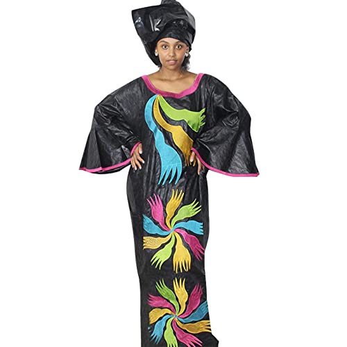 TIDOIRSA African Dresses for Women, 3/4 Sleeves Jacquard Fabric Wedding Dress with Scarf (2XL, Black)