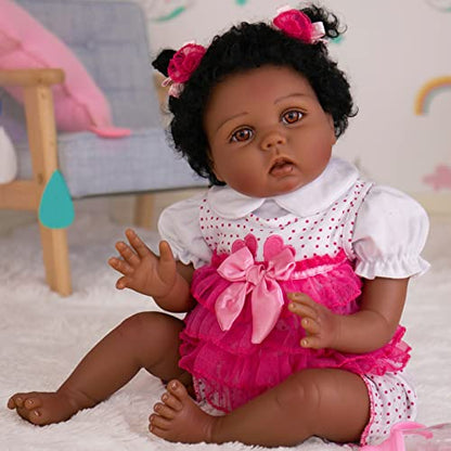 Milidool Reborn Baby Dolls Black African American Lifelike Girl Dolls 22 inch with Feeding Toys Set for Kids 3+