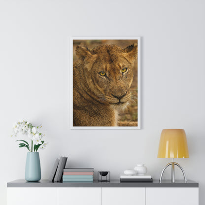 CLOSE TO AN AFRICAN LIONESS Premium Framed Vertical Poster by SobG Designs