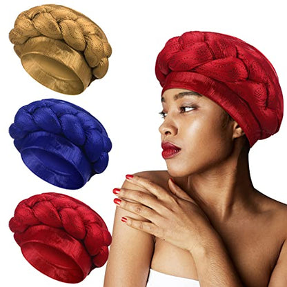 African Head Wraps for Black Women Pre Tied African Braid Turban Beanie Cap Stretchy Crystals Sequin Twisted Head Turbans for Women and Girls, 3 Colors
