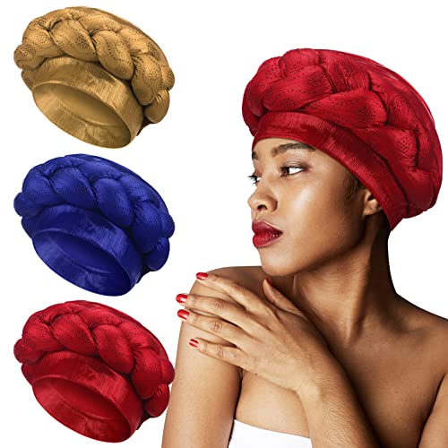 African Head Wraps for Black Women Pre Tied African Braid Turban Beanie Cap Stretchy Crystals Sequin Twisted Head Turbans for Women and Girls, 3 Colors
