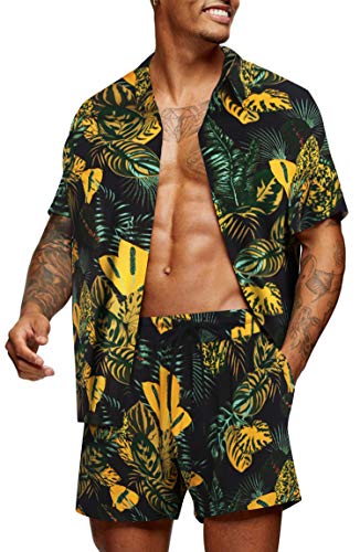 COOFANDY Men's Hawaiian Set Casual Floral Print Shirt Summer Shirt and Shorts Black