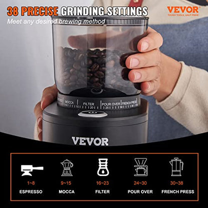 VEVOR Coffee Grinder with 38 Precise Burr Coffee Grinder 5.3-Ounce 20 Cups Coffee Bean Grinder Perfect for Drip, Mocha, Hand Brew, French Press, Espresso