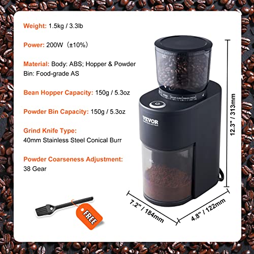 VEVOR Coffee Grinder with 38 Precise Burr Coffee Grinder 5.3-Ounce 20 Cups Coffee Bean Grinder Perfect for Drip, Mocha, Hand Brew, French Press, Espresso