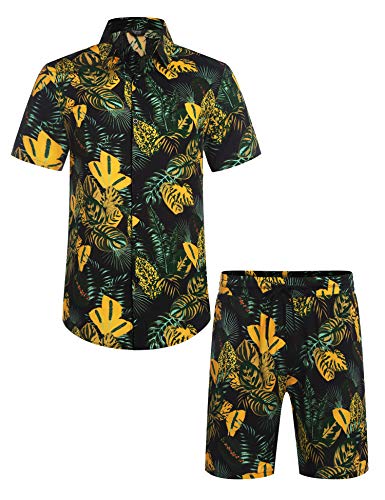 COOFANDY Men's Hawaiian Set Casual Floral Print Shirt Summer Shirt and Shorts Black